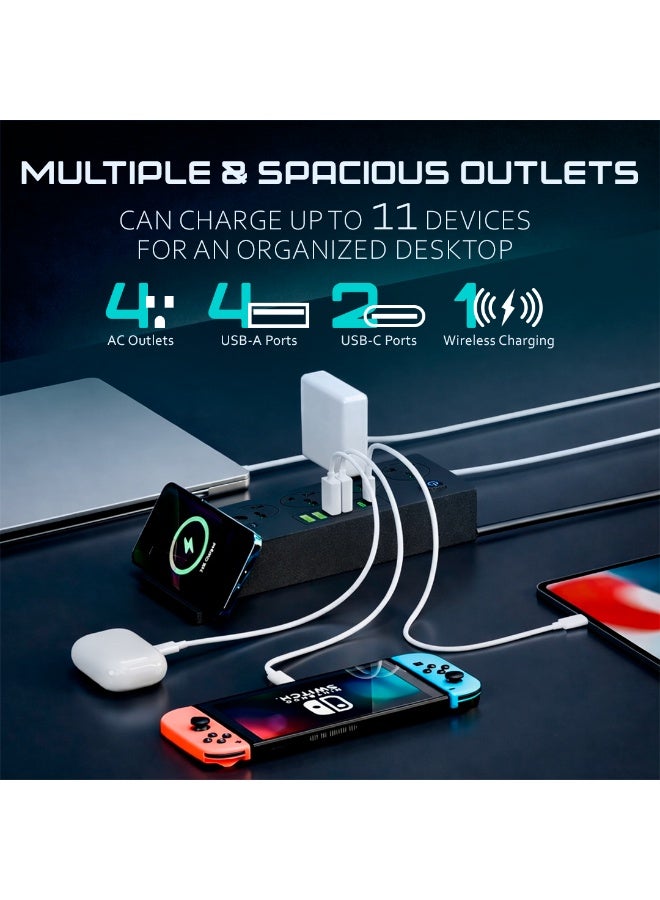 AMROAH موزع طاقة عالمي مع 4 مآخذ تيار متردد، 4*USB-A و 2*USB-C، قاعدة شحن لاسلكية سريعة PD، واقي من زيادة التيار، سلك تمديد مع حماية من الحمل الزائد، محطة شحن متعددة الأجهزة للاستخدام المنزلي والمكتبي - Image 2